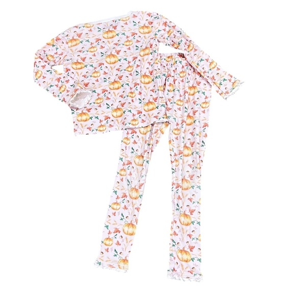 Smockingbird fall pumpkin print Pajama Set orange & White ruffle hems 5(girls) - Picture 2 of 7